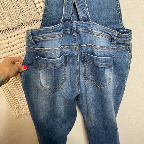 Tinseltown Dark Wash Denim Distressed Overalls Large - Picture 9 of 10